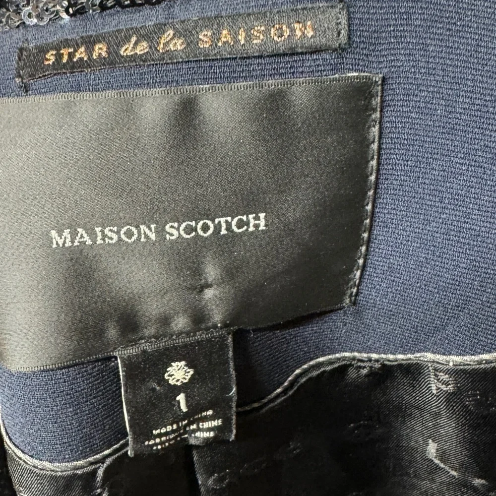 Maison Scotch Navy Blue Black Sequin Single Button Closure Tuxedo Blazer Size 1